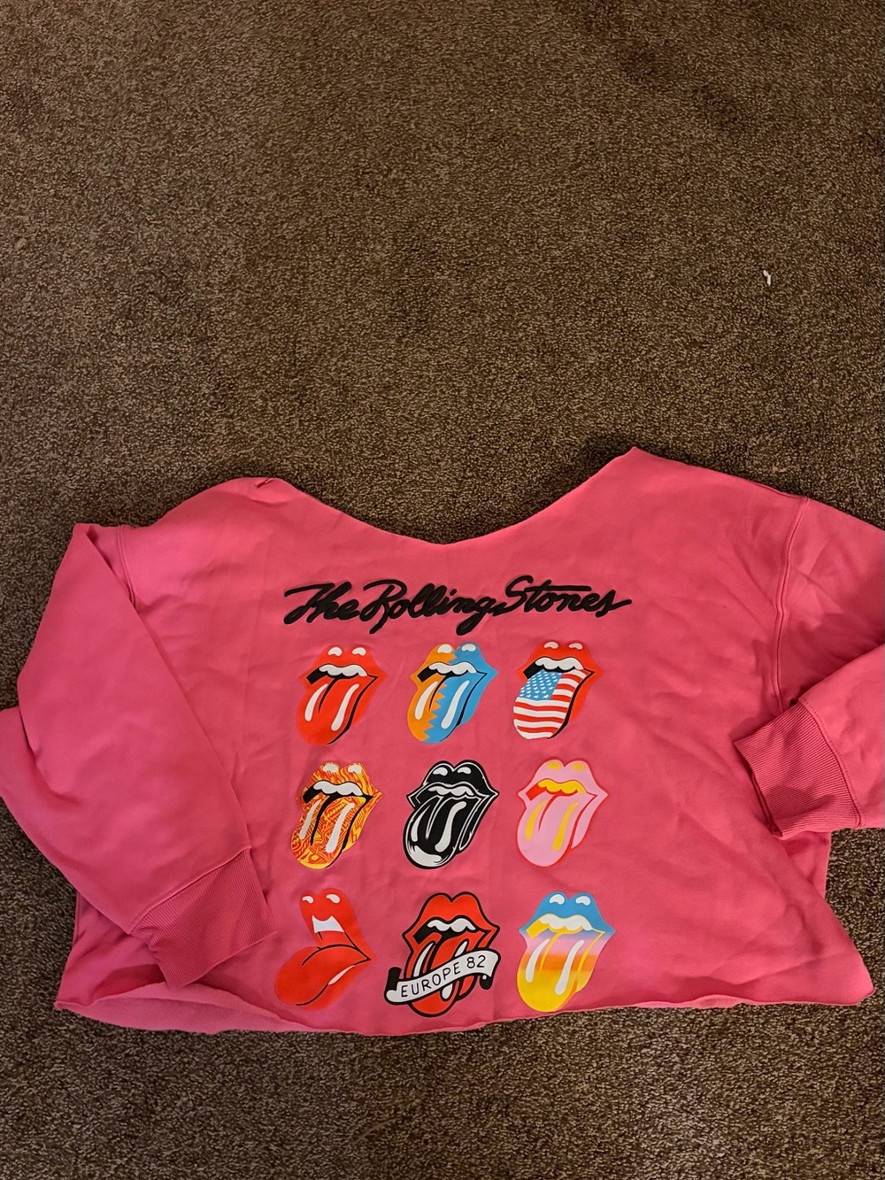The Rolling Stones Pink Off the Shoulder Sweatshirt with Colorful Tongue Logos